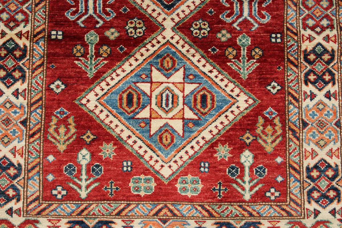 3x5 Red and Ivory Kazak Tribal Rug