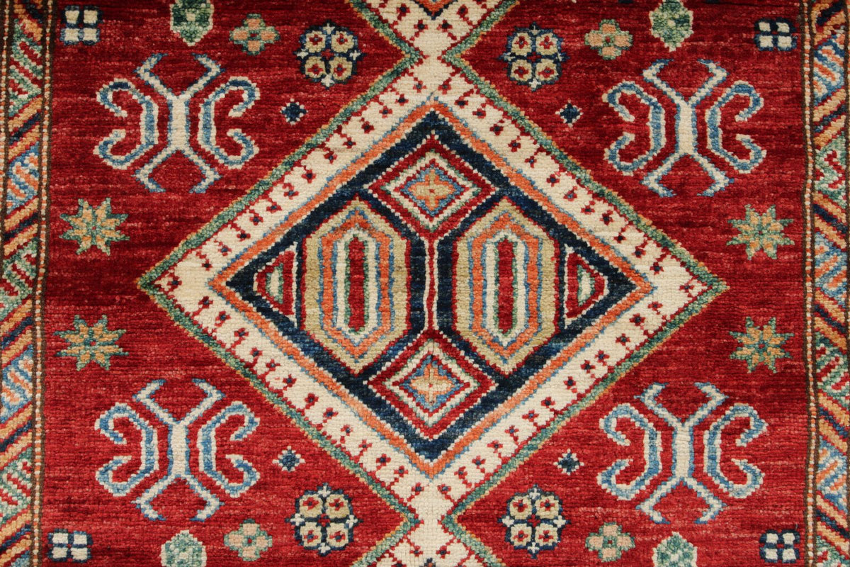 3x5 Red and Ivory Kazak Tribal Rug