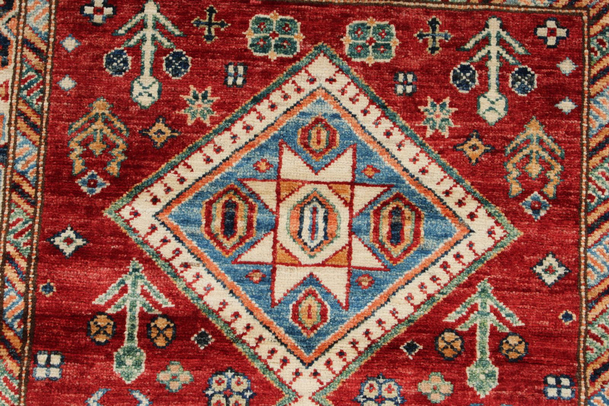 3x5 Red and Ivory Kazak Tribal Rug