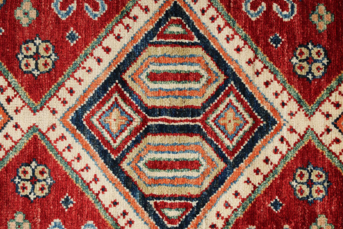 3x5 Red and Ivory Kazak Tribal Rug