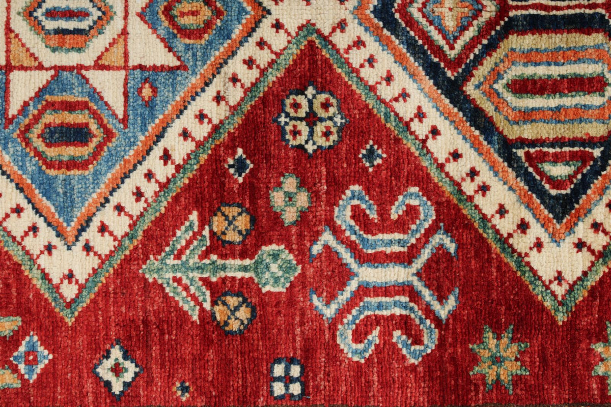3x5 Red and Ivory Kazak Tribal Rug