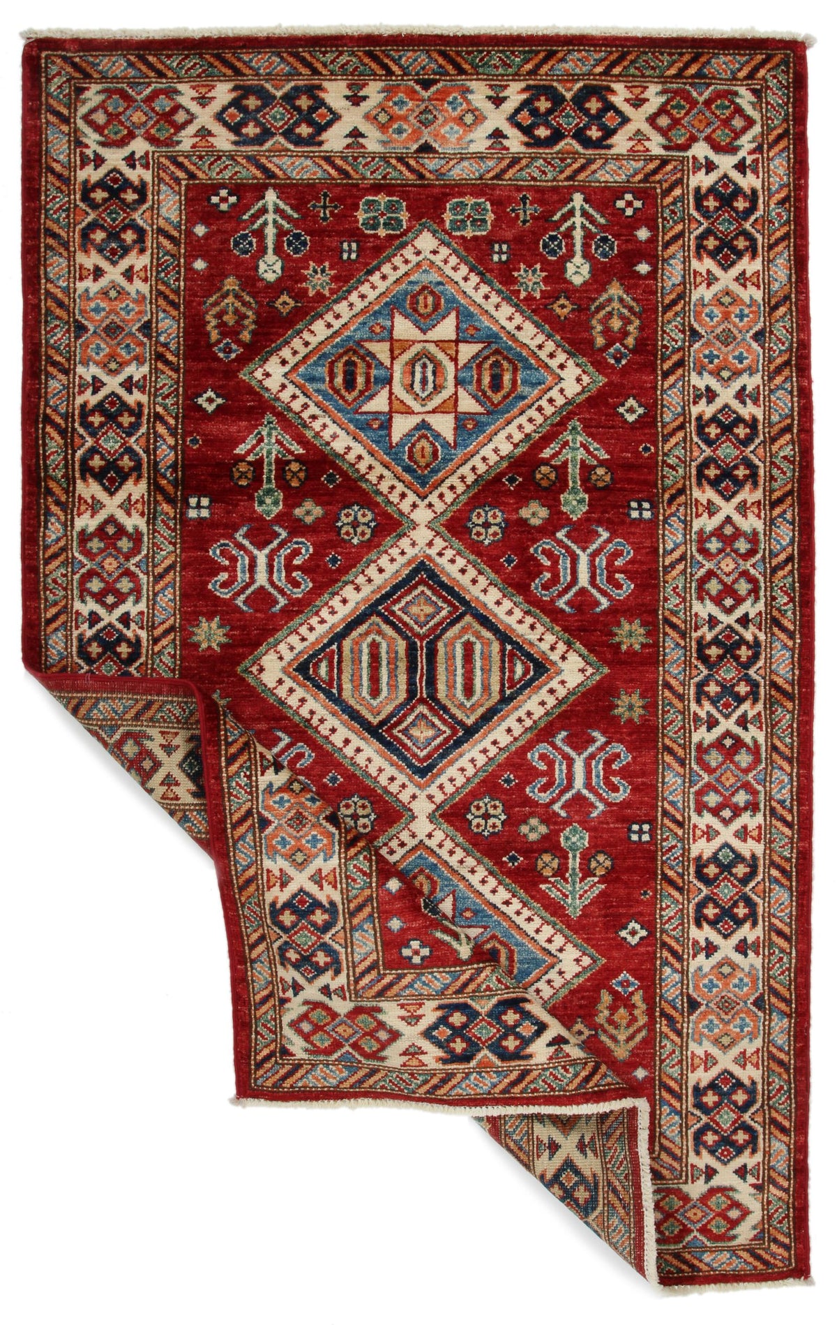 3x5 Red and Ivory Kazak Tribal Rug