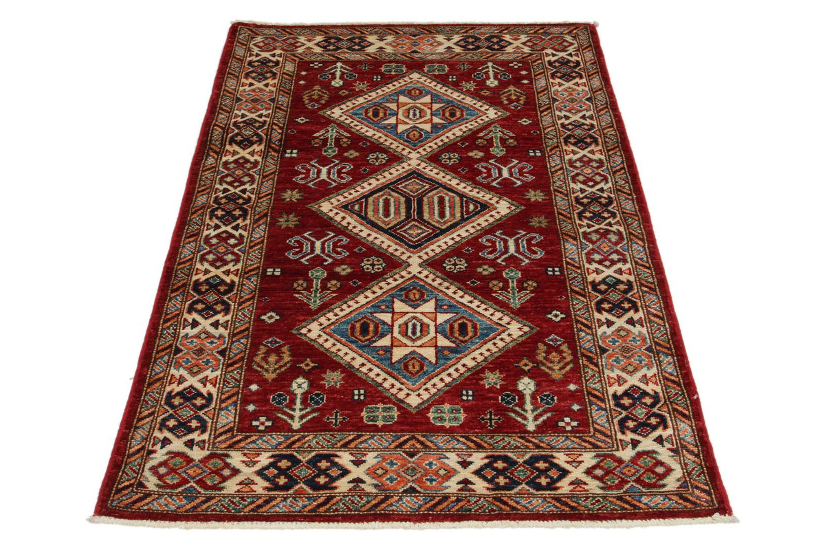 3x5 Red and Ivory Kazak Tribal Rug
