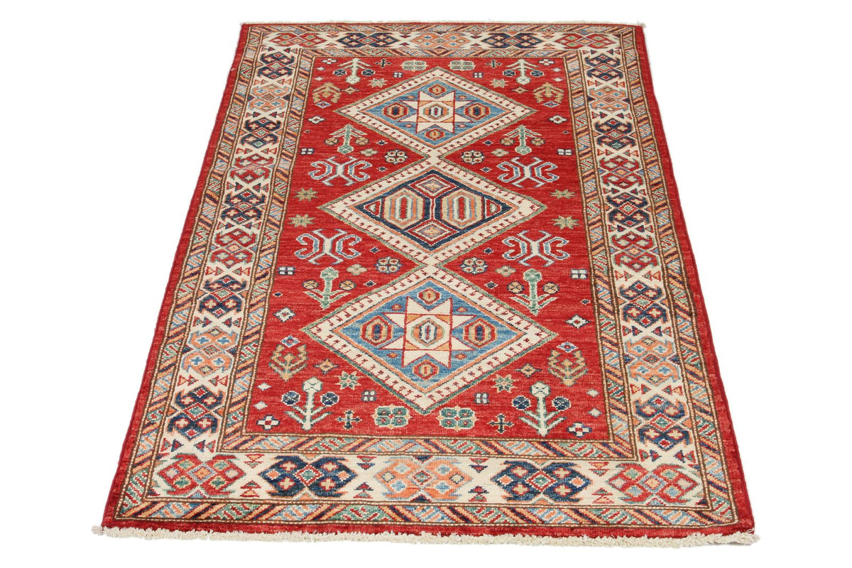 3x5 Red and Ivory Kazak Tribal Rug