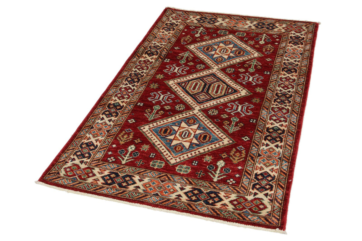 3x5 Red and Ivory Kazak Tribal Rug