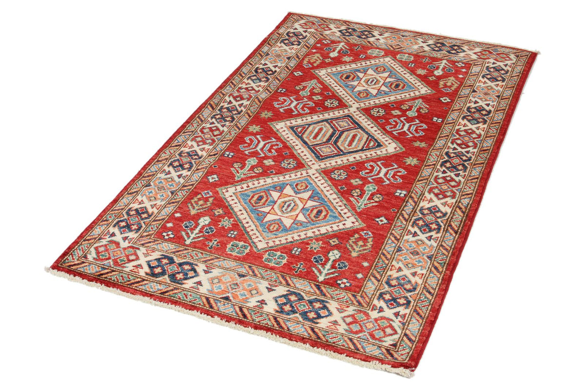 3x5 Red and Ivory Kazak Tribal Rug