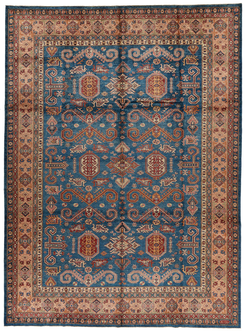 10x13 Navy and Peach Kazak Tribal Rug