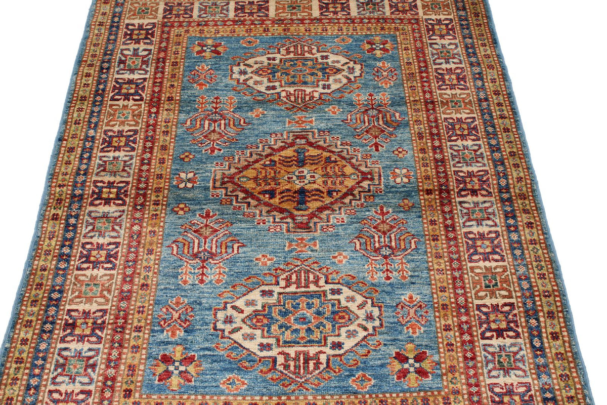 3x5 Blue and Ivory Kazak Tribal Rug