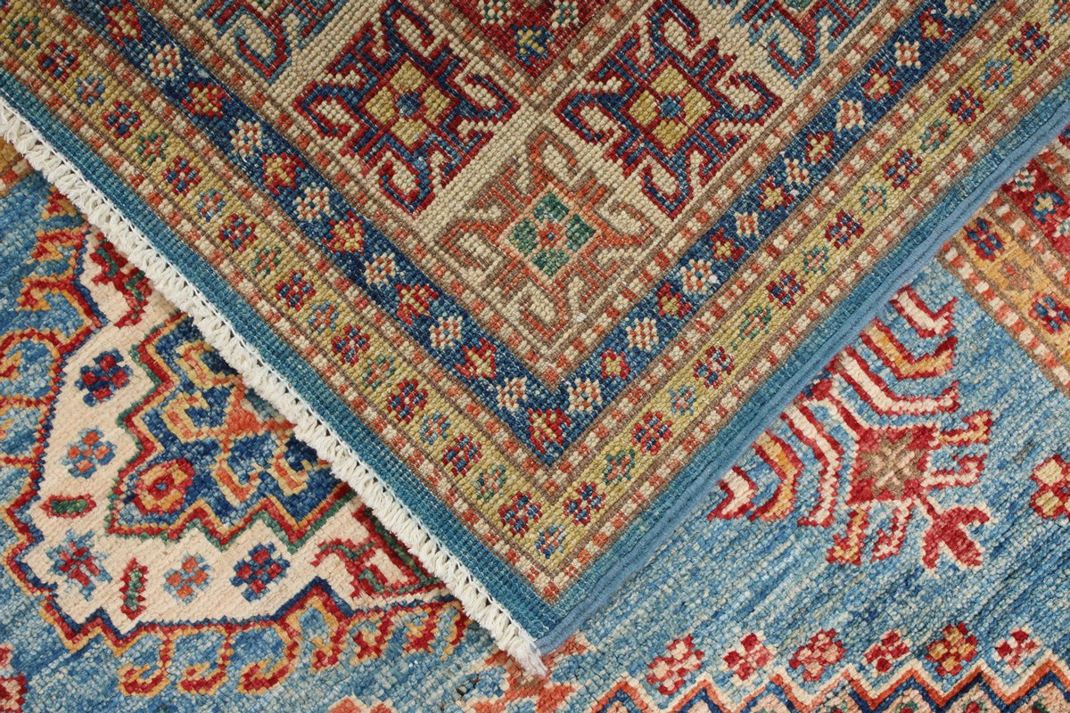 3x5 Blue and Ivory Kazak Tribal Rug