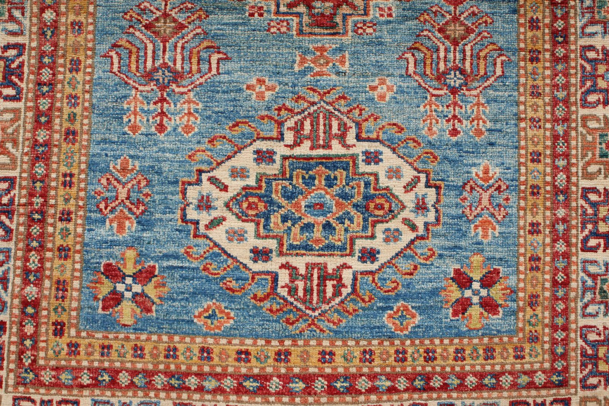 3x5 Blue and Ivory Kazak Tribal Rug