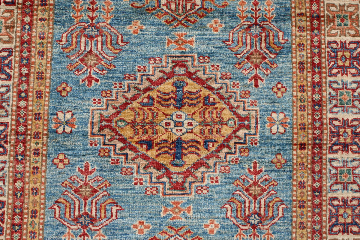 3x5 Blue and Ivory Kazak Tribal Rug