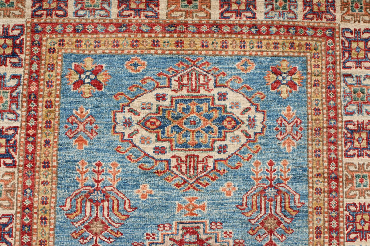 3x5 Blue and Ivory Kazak Tribal Rug