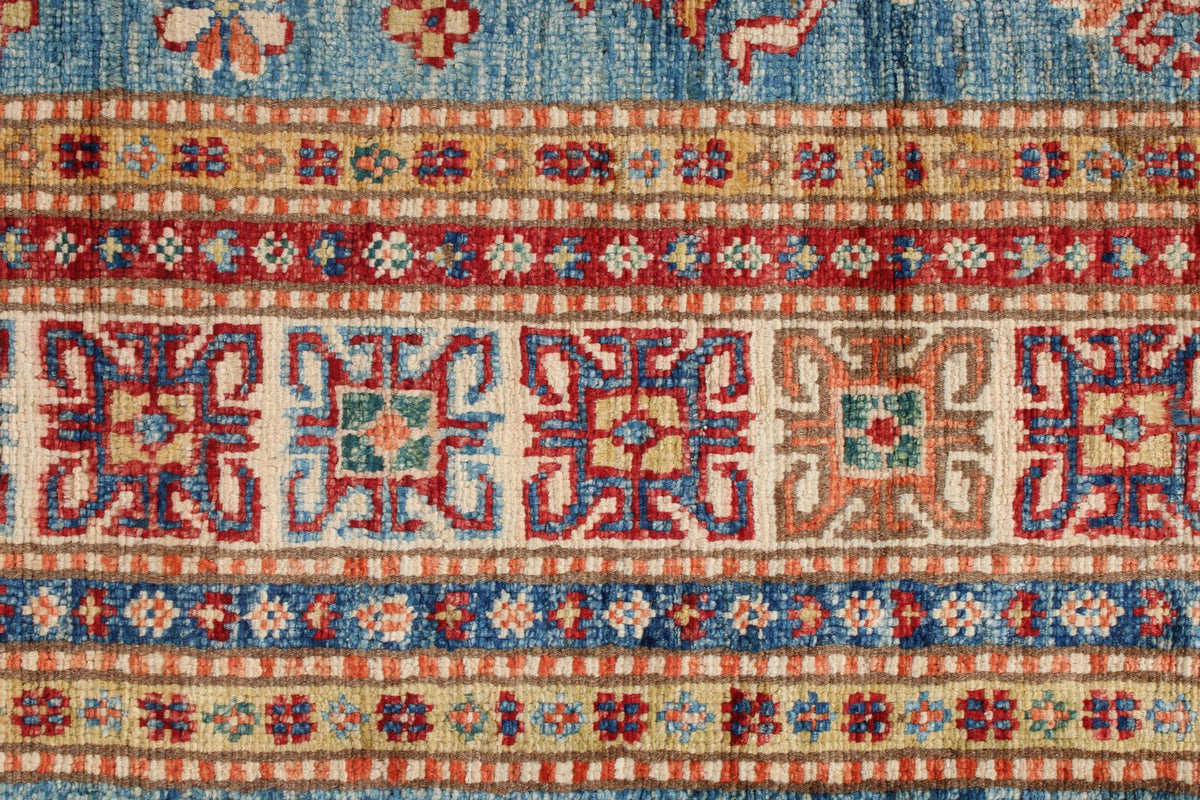3x5 Blue and Ivory Kazak Tribal Rug