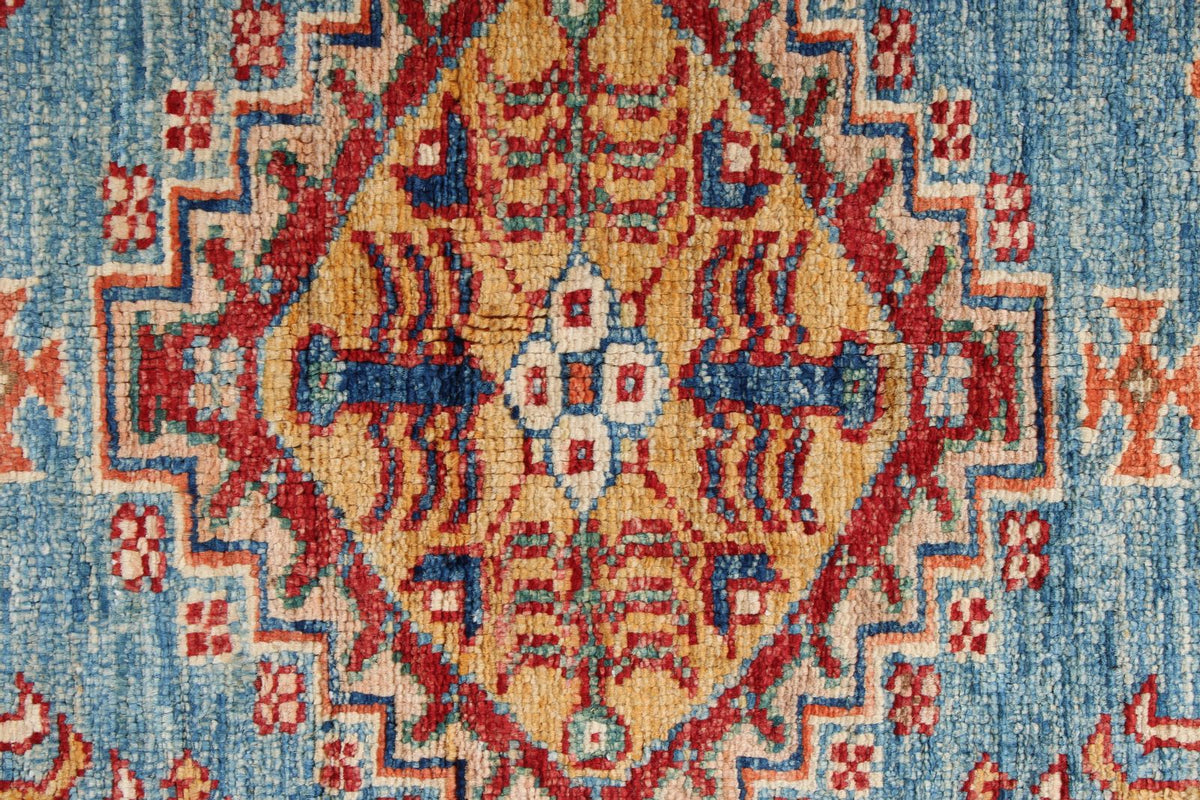 3x5 Blue and Ivory Kazak Tribal Rug