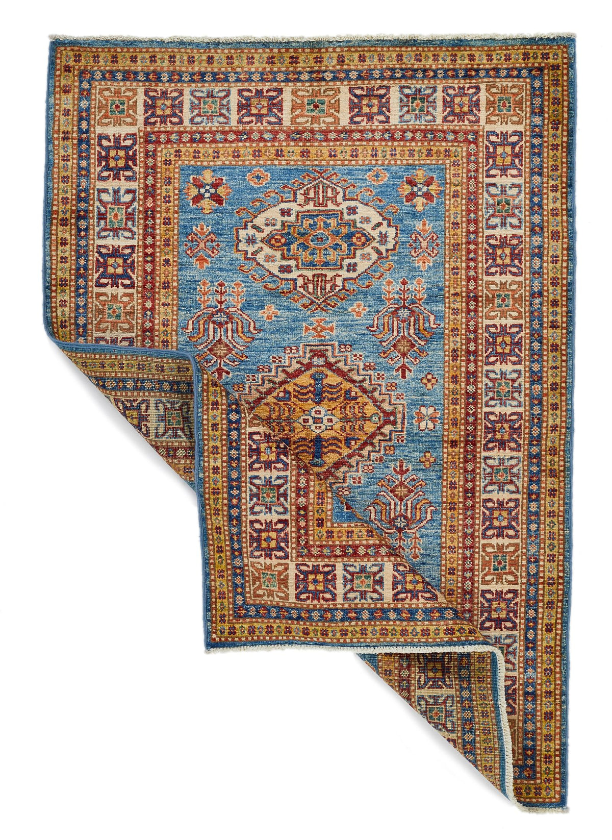 3x5 Blue and Ivory Kazak Tribal Rug