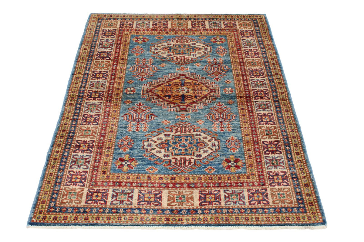 3x5 Blue and Ivory Kazak Tribal Rug