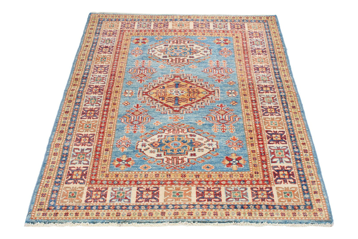 3x5 Blue and Ivory Kazak Tribal Rug
