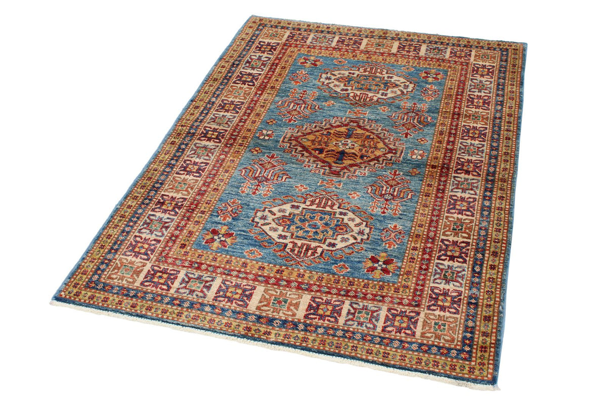 3x5 Blue and Ivory Kazak Tribal Rug