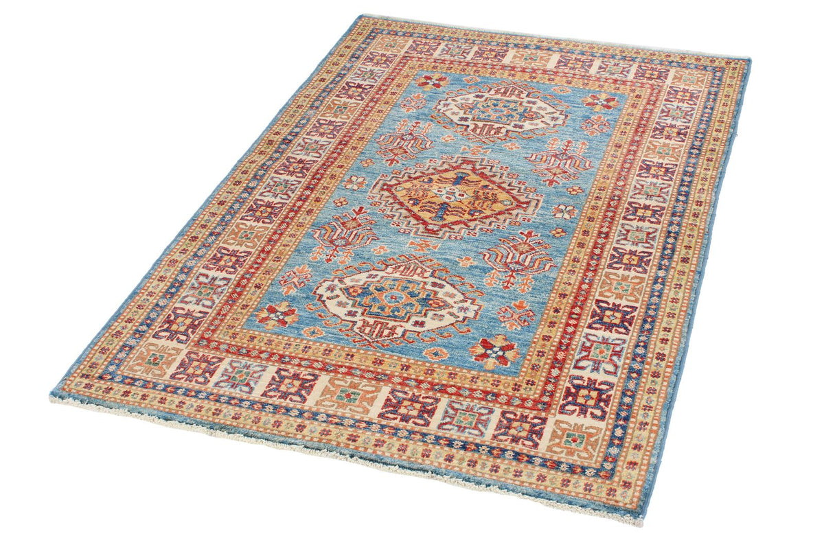 3x5 Blue and Ivory Kazak Tribal Rug