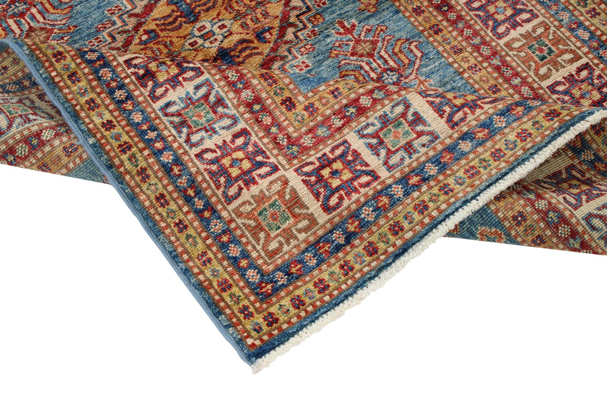 3x5 Blue and Ivory Kazak Tribal Rug