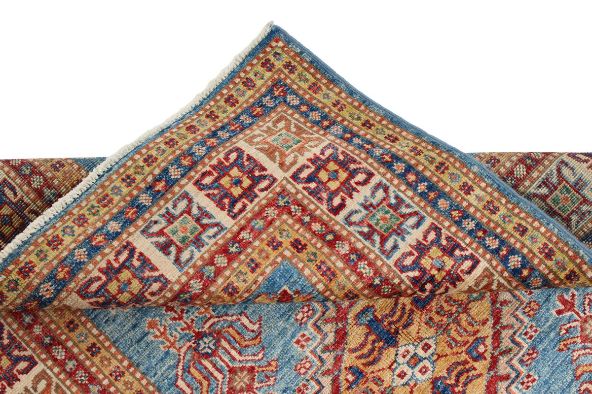 3x5 Blue and Ivory Kazak Tribal Rug