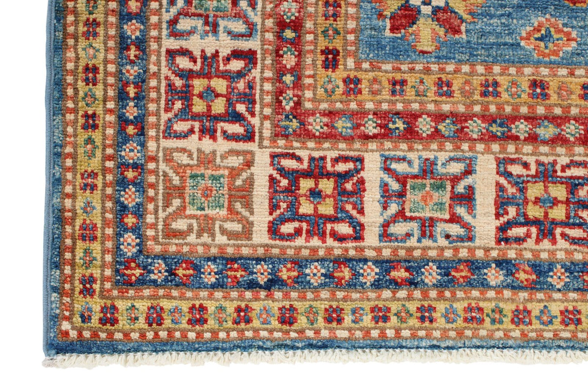 3x5 Blue and Ivory Kazak Tribal Rug