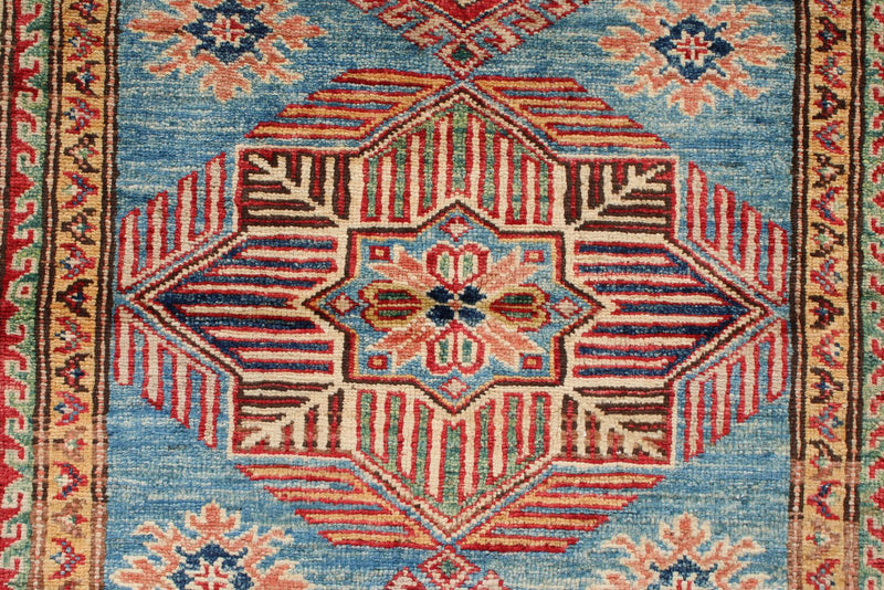 4x5 Blue and Ivory Kazak Tribal Rug