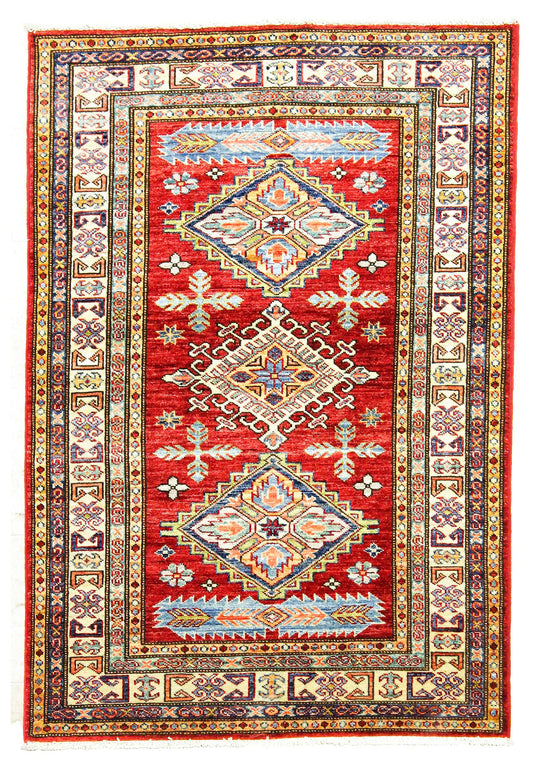 3x5 Red and Ivory Kazak Tribal Rug