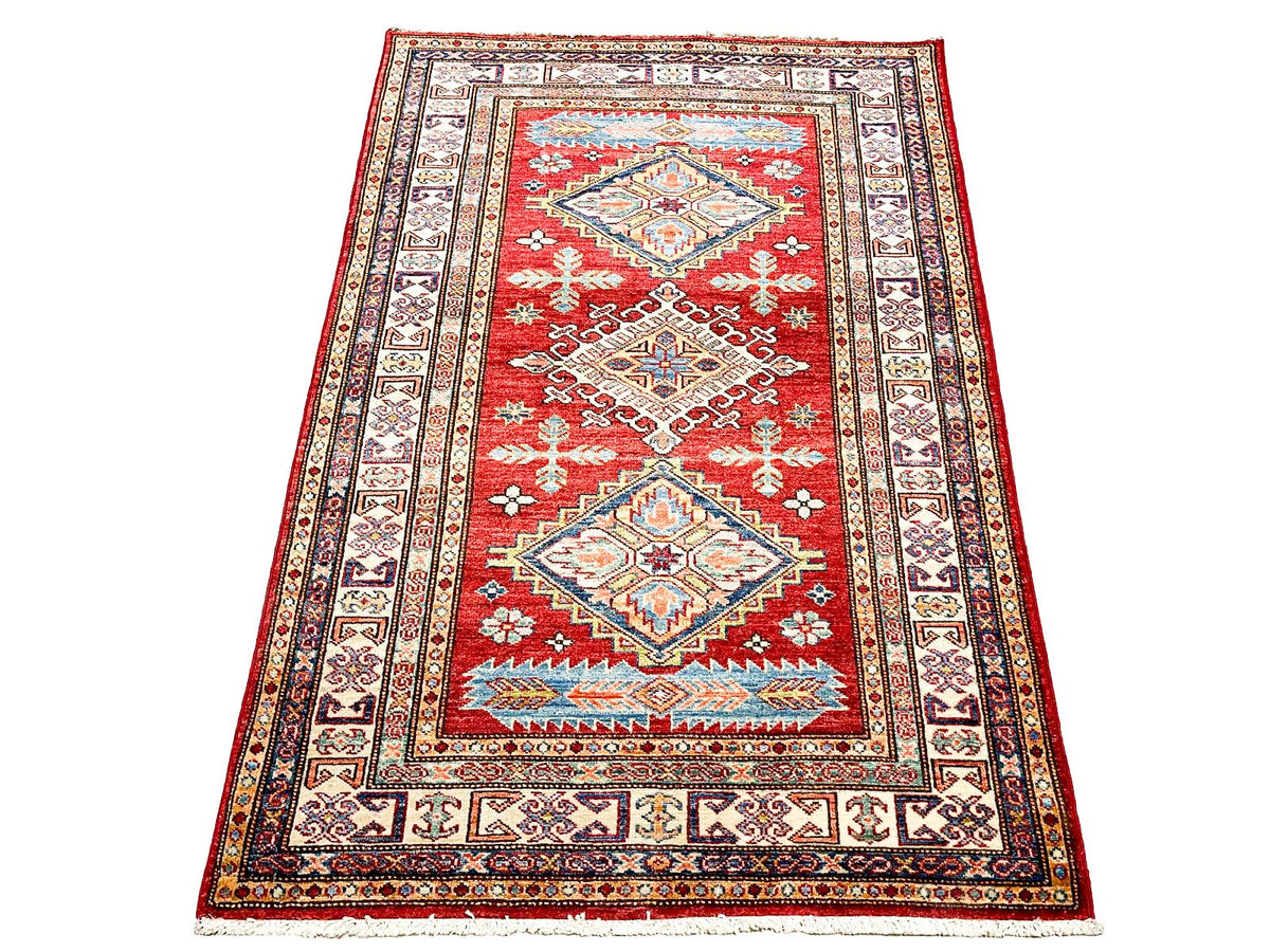 3x5 Red and Ivory Kazak Tribal Rug