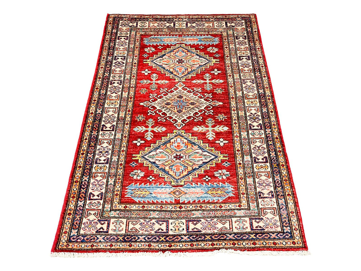3x5 Red and Ivory Kazak Tribal Rug