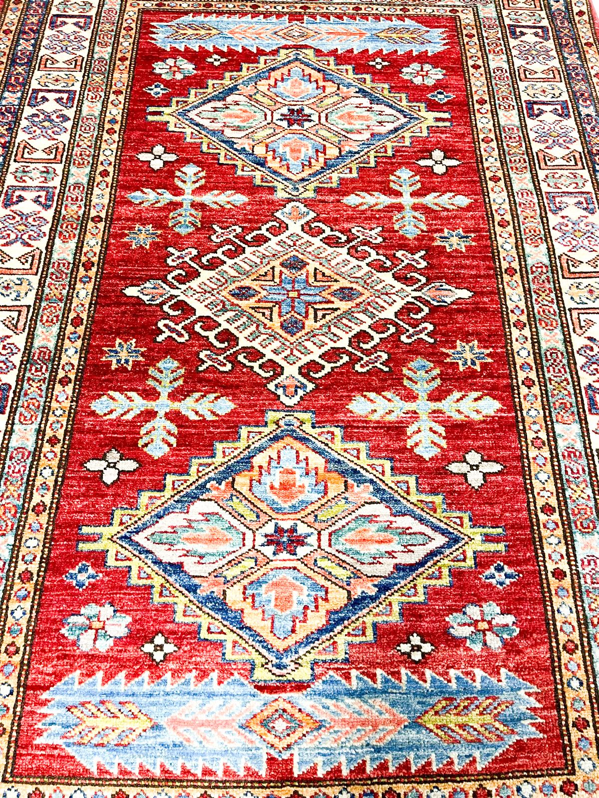 3x5 Red and Ivory Kazak Tribal Rug