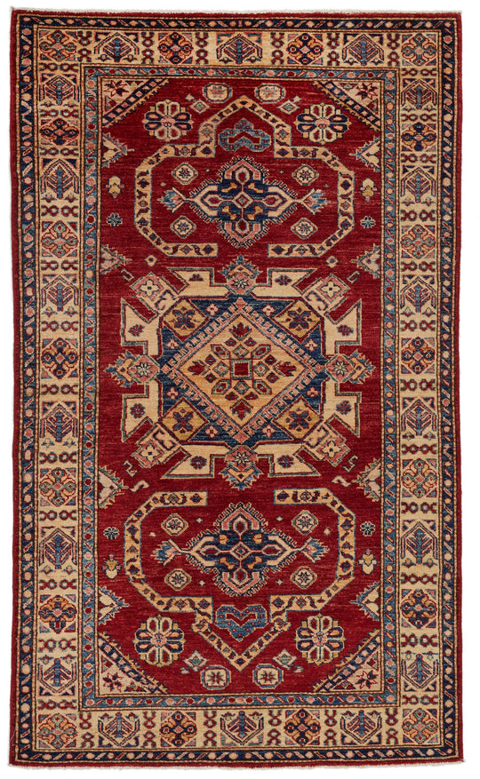 4x7 Red and Ivory Kazak Tribal Rug