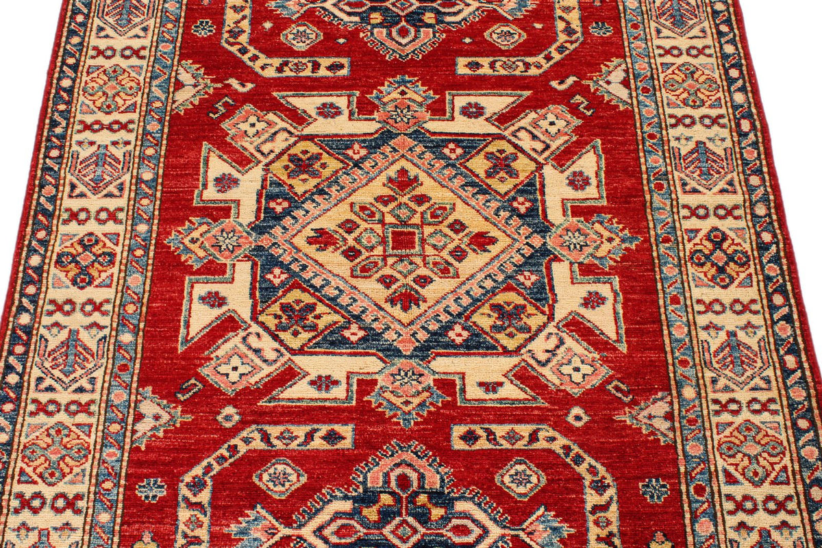 4x7 Red and Ivory Kazak Tribal Rug