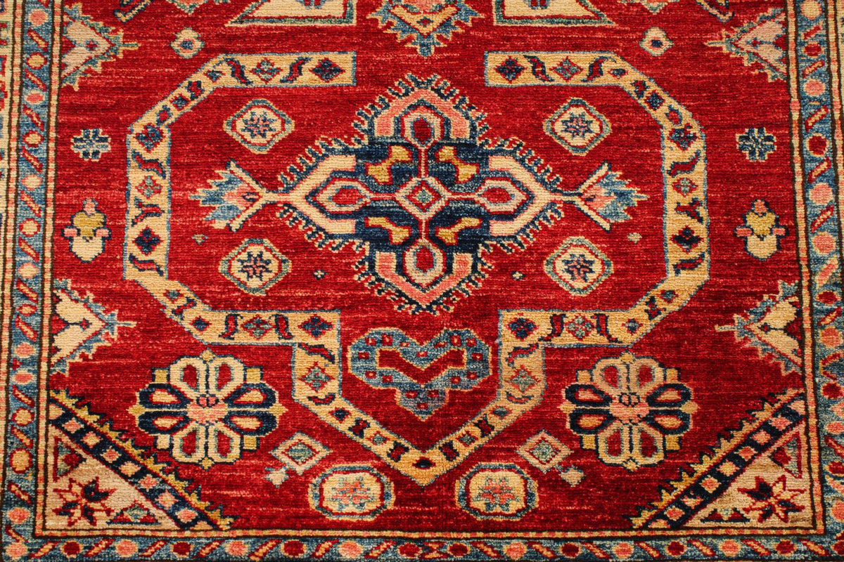 4x7 Red and Ivory Kazak Tribal Rug