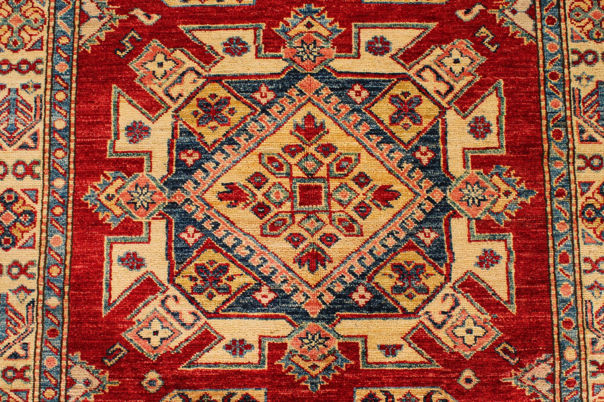 4x7 Red and Ivory Kazak Tribal Rug