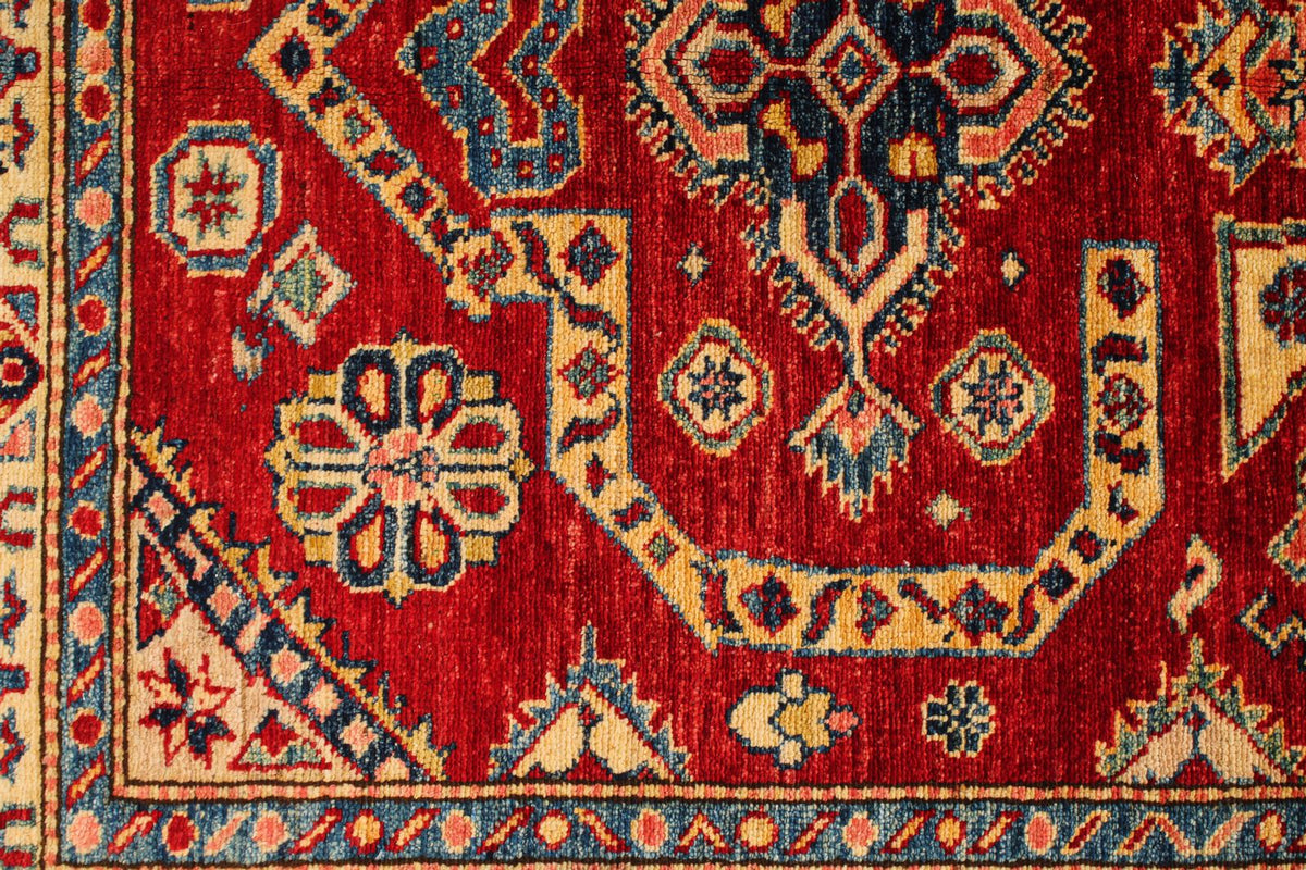 4x7 Red and Ivory Kazak Tribal Rug