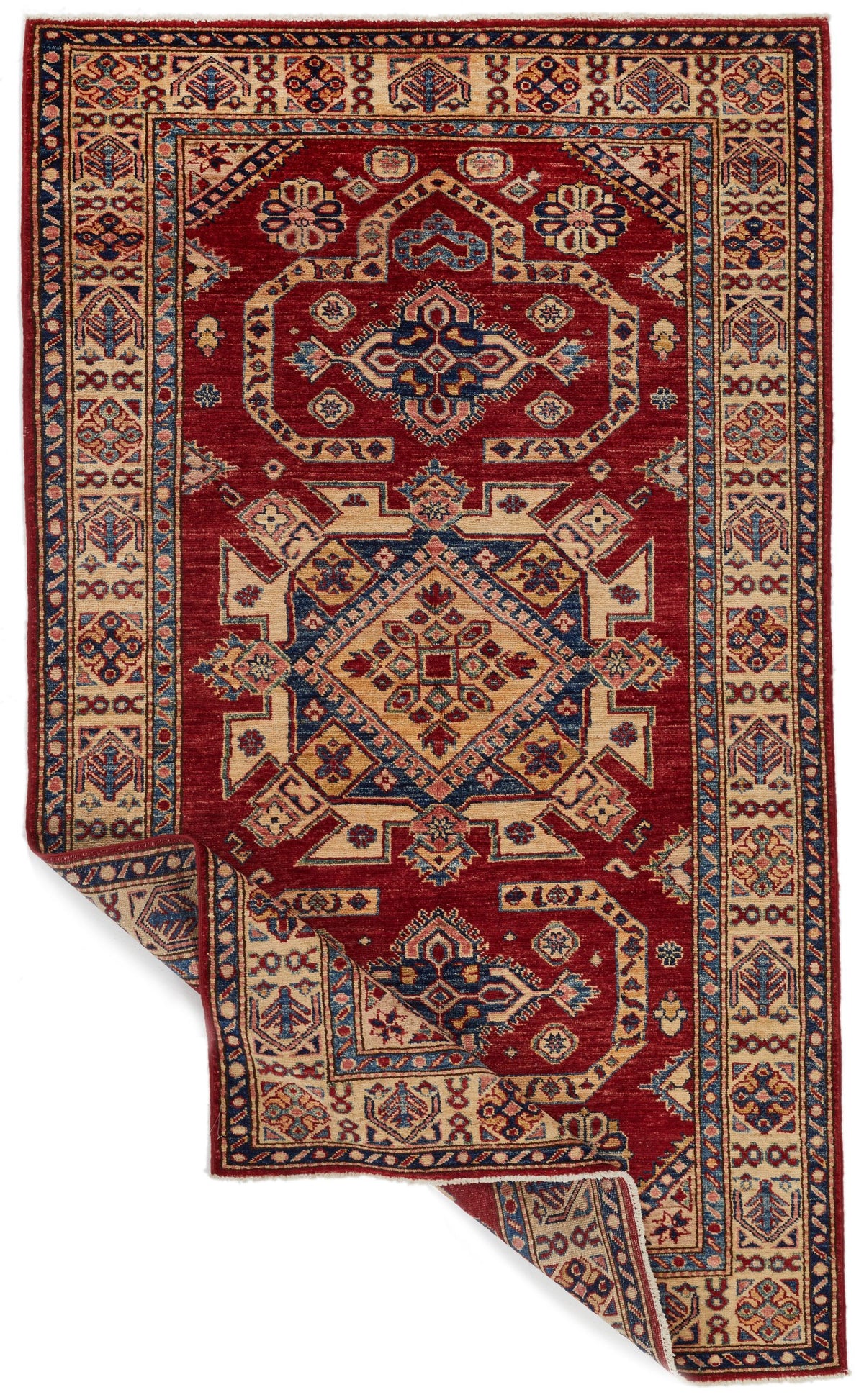 4x7 Red and Ivory Kazak Tribal Rug