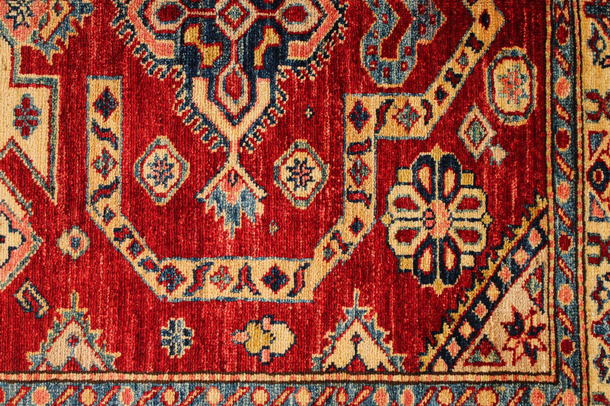 4x7 Red and Ivory Kazak Tribal Rug