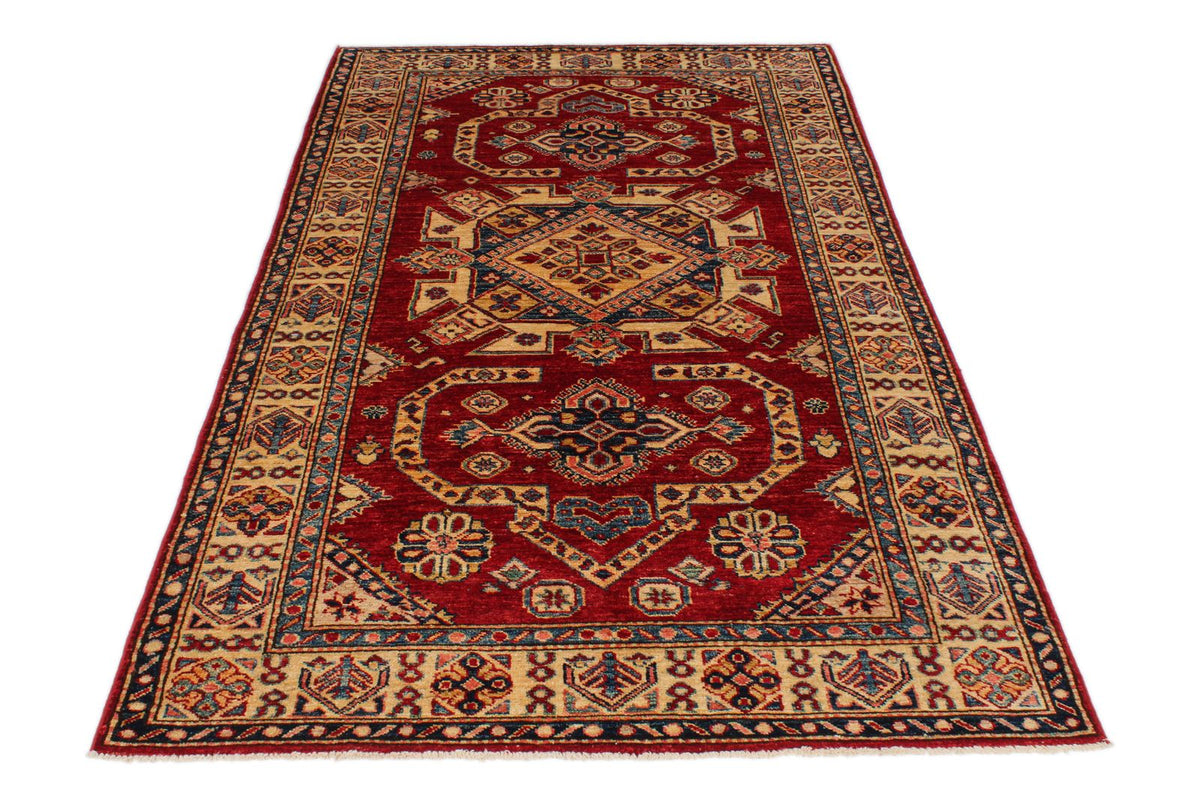 4x7 Red and Ivory Kazak Tribal Rug