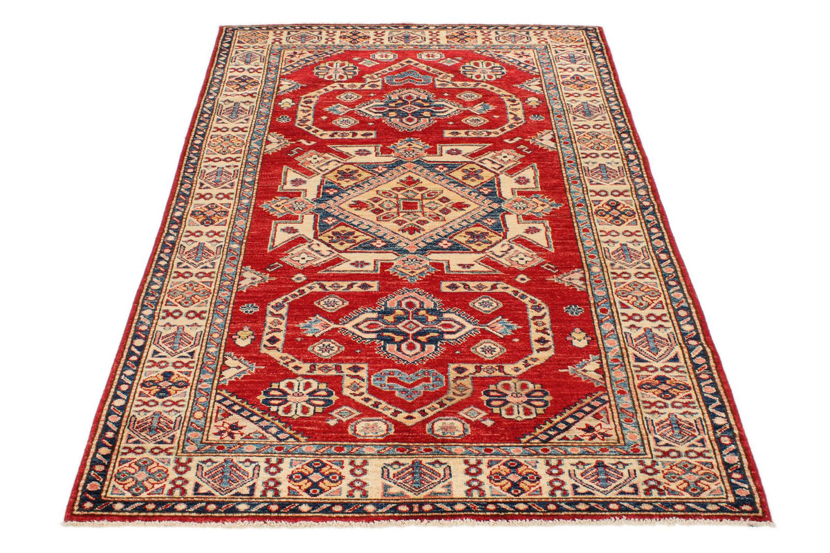 4x7 Red and Ivory Kazak Tribal Rug