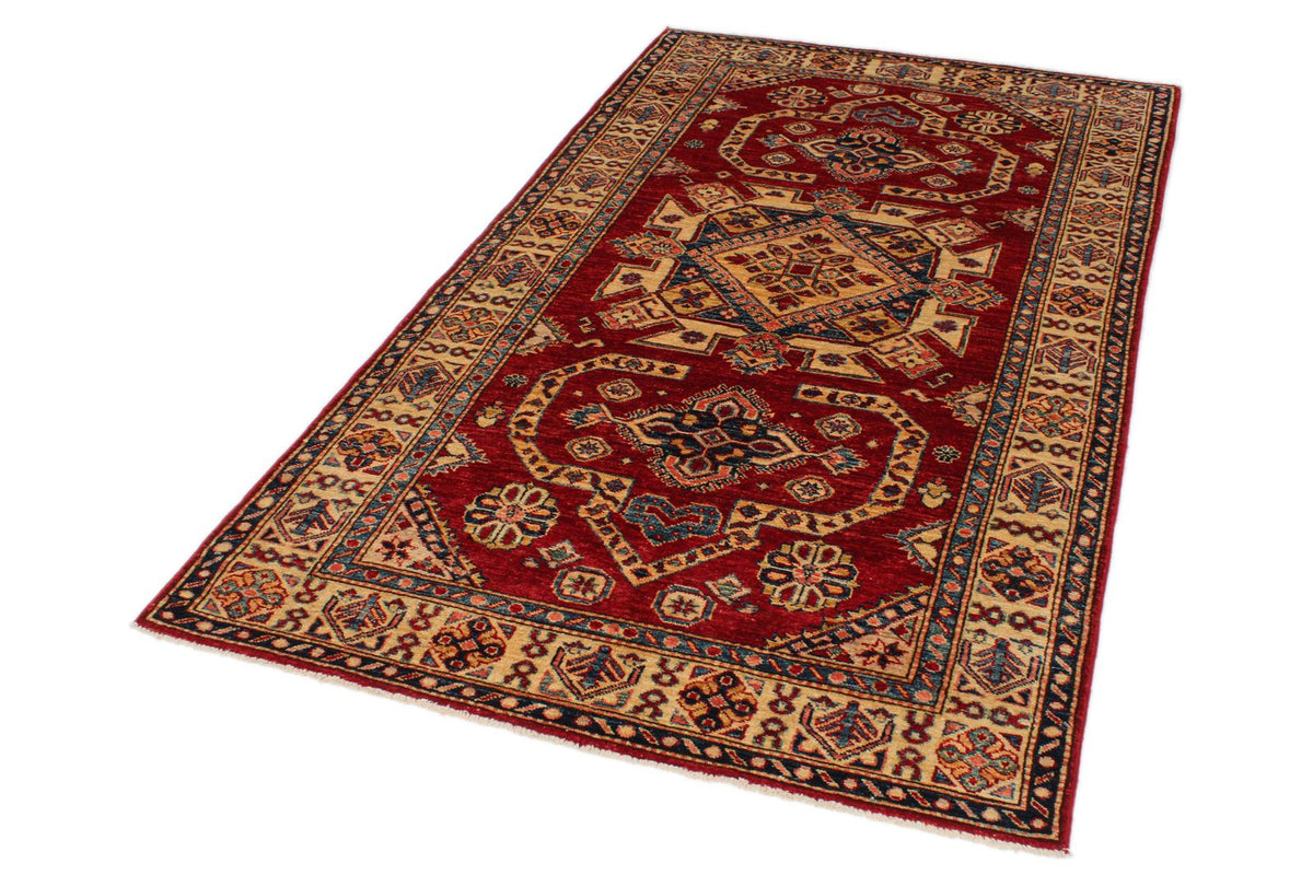 4x7 Red and Ivory Kazak Tribal Rug