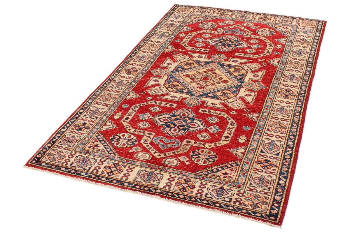 4x7 Red and Ivory Kazak Tribal Rug