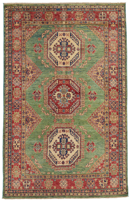 5x8 Green and Red Kazak Tribal Rug