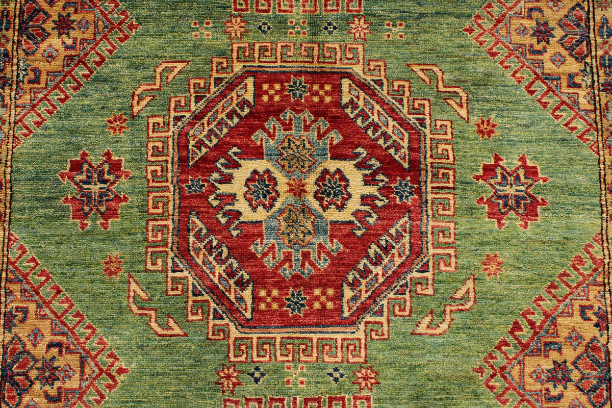 5x8 Green and Red Kazak Tribal Rug