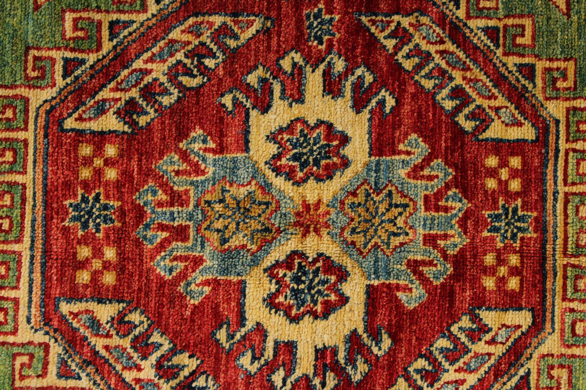 5x8 Green and Red Kazak Tribal Rug