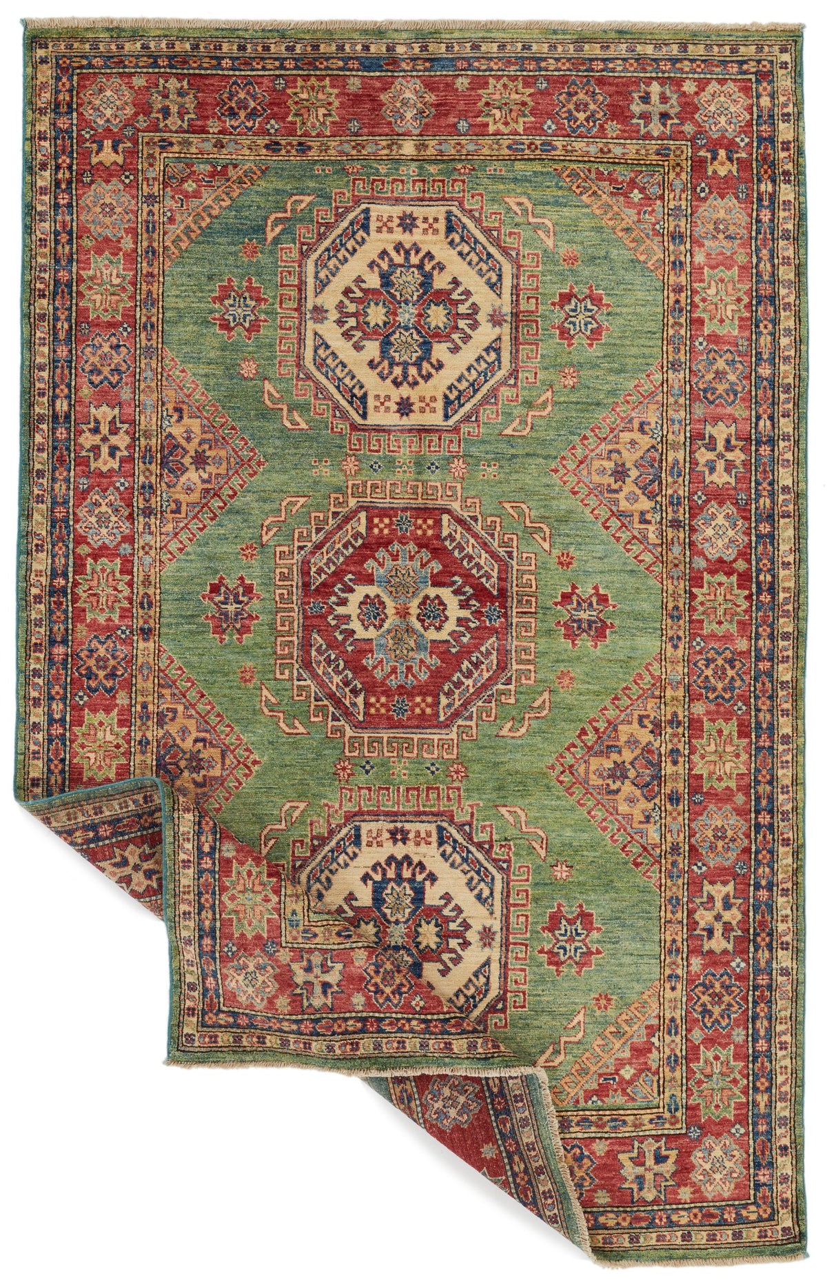5x8 Green and Red Kazak Tribal Rug