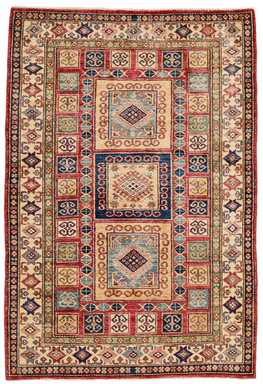 4x6 Red and Ivory Kazak Tribal Rug
