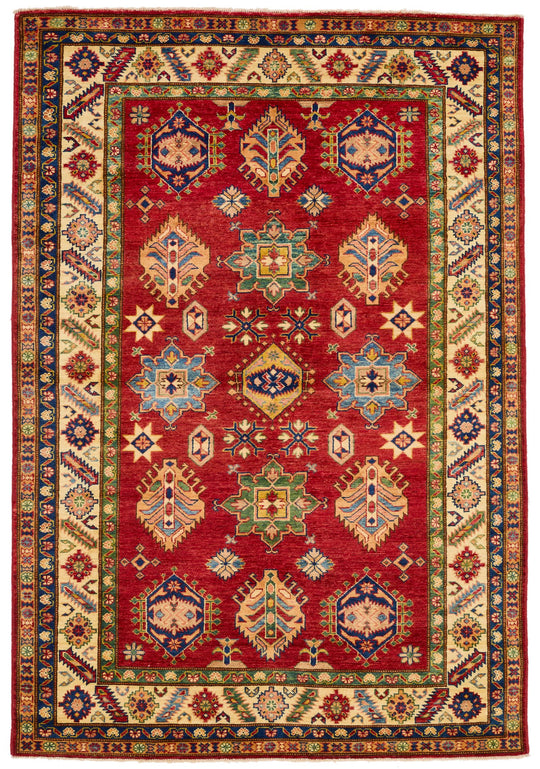 5x7 Red and Ivory Kazak Tribal Rug