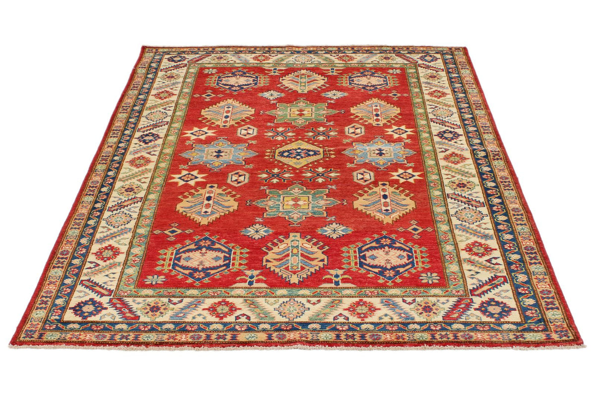 5x7 Red and Ivory Kazak Tribal Rug