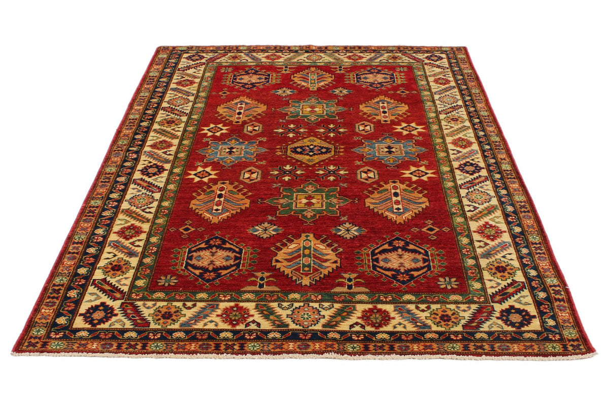 5x7 Red and Ivory Kazak Tribal Rug